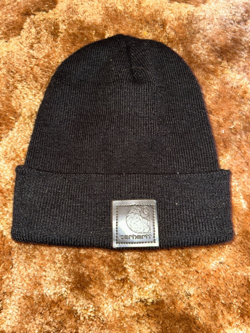 Carhartt Black Knit Cuffed Beanie with Leather Patch